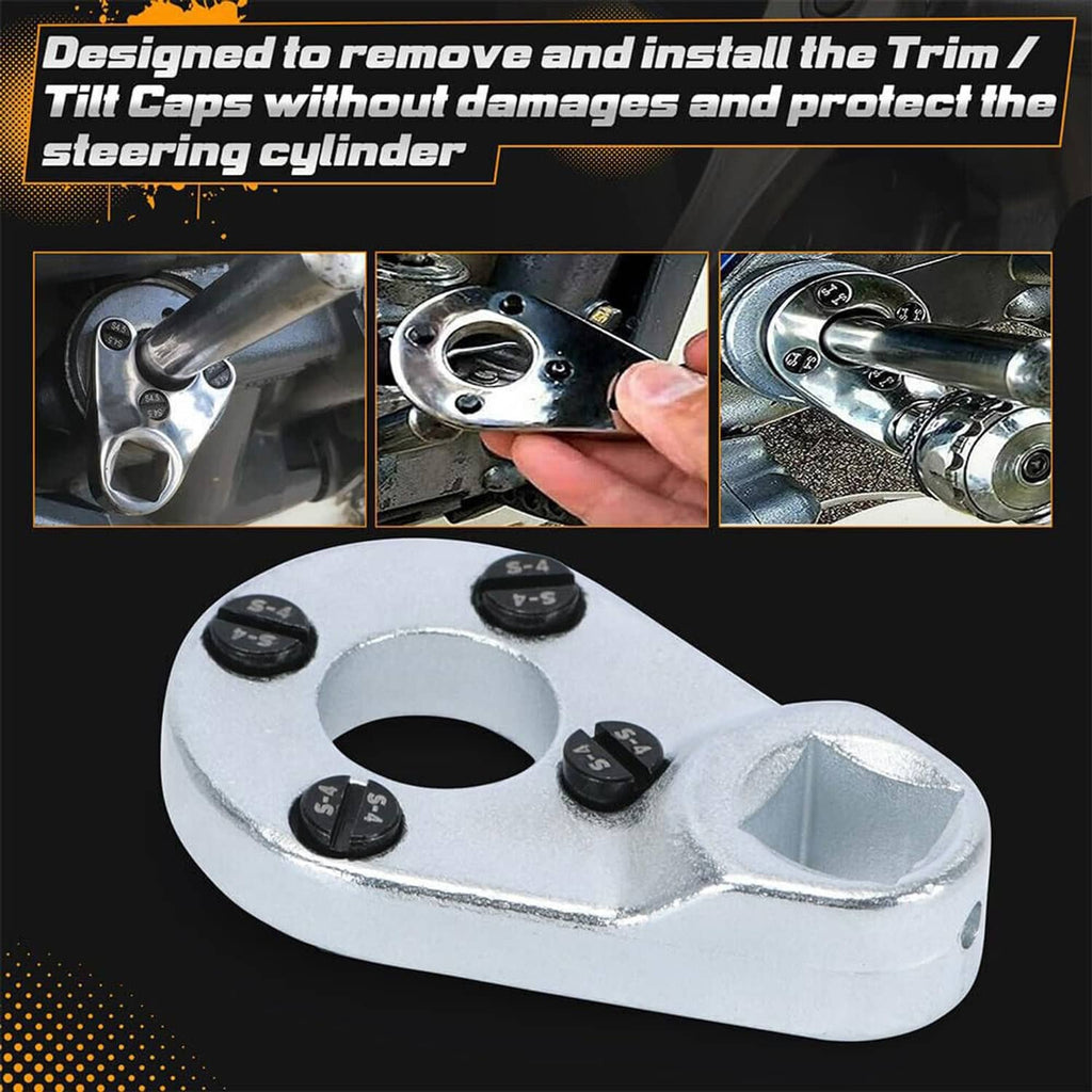 Silver trim tilt pin wrench with three bolt openings and a center pin hole