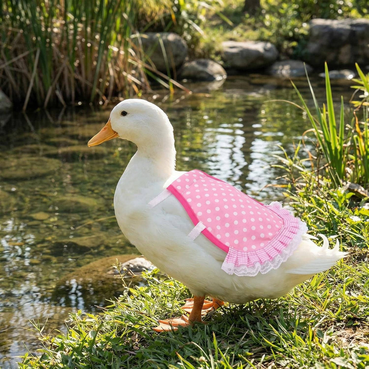 Chicken wing saddle with lace trim, pink polka dots on white hen