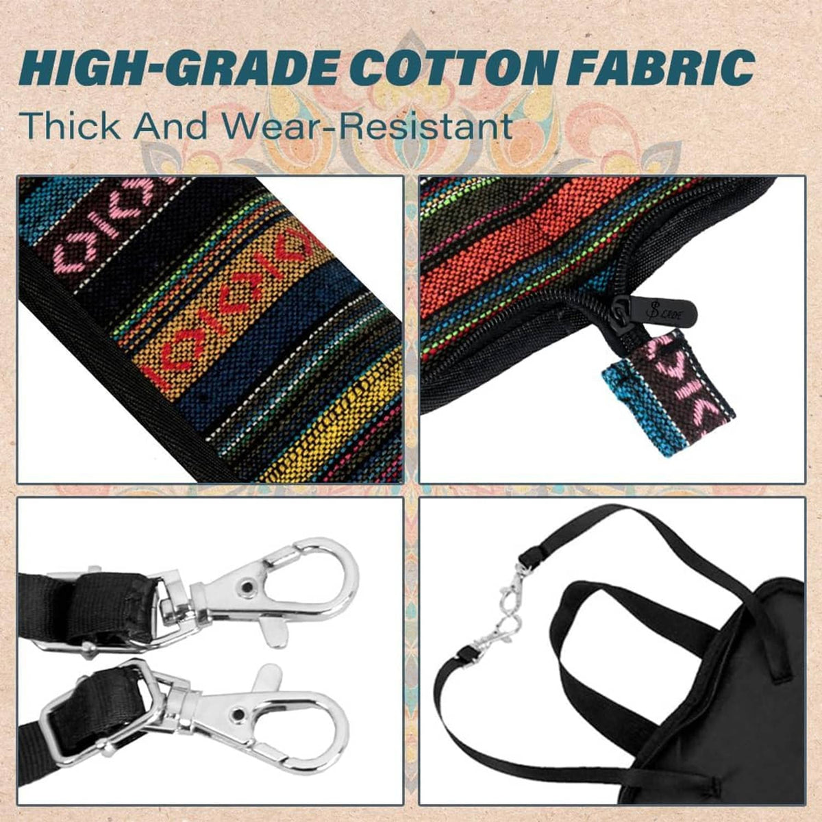 Drum stick bag detail: colorful woven fabric, black straps, and metal clip hooks.