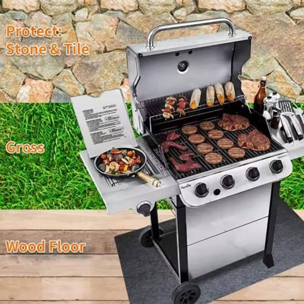 Grill mat under outdoor grill, dark charcoal gray absorbent fabric sheet