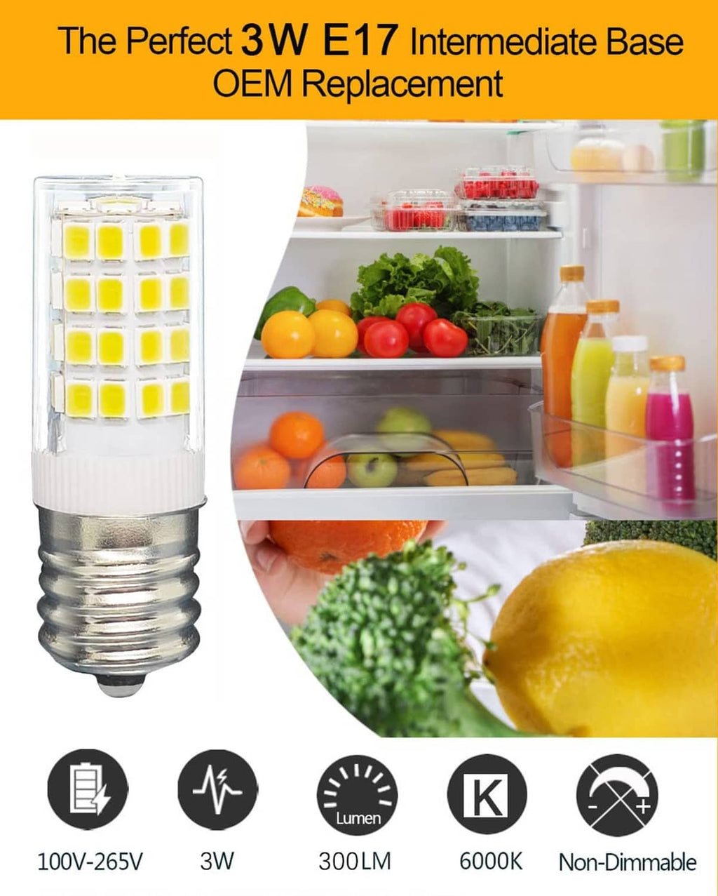 3W LED refrigerator bulb with E17 base, clear cover, and yellow LED chip array