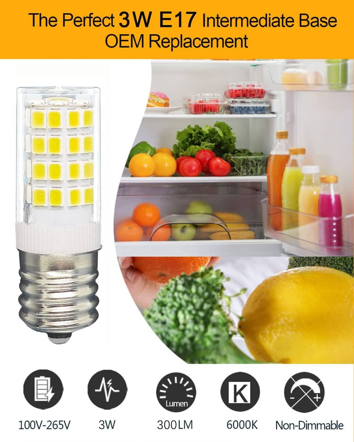 3W LED refrigerator bulb with E17 base, clear cover, and yellow LED chip array