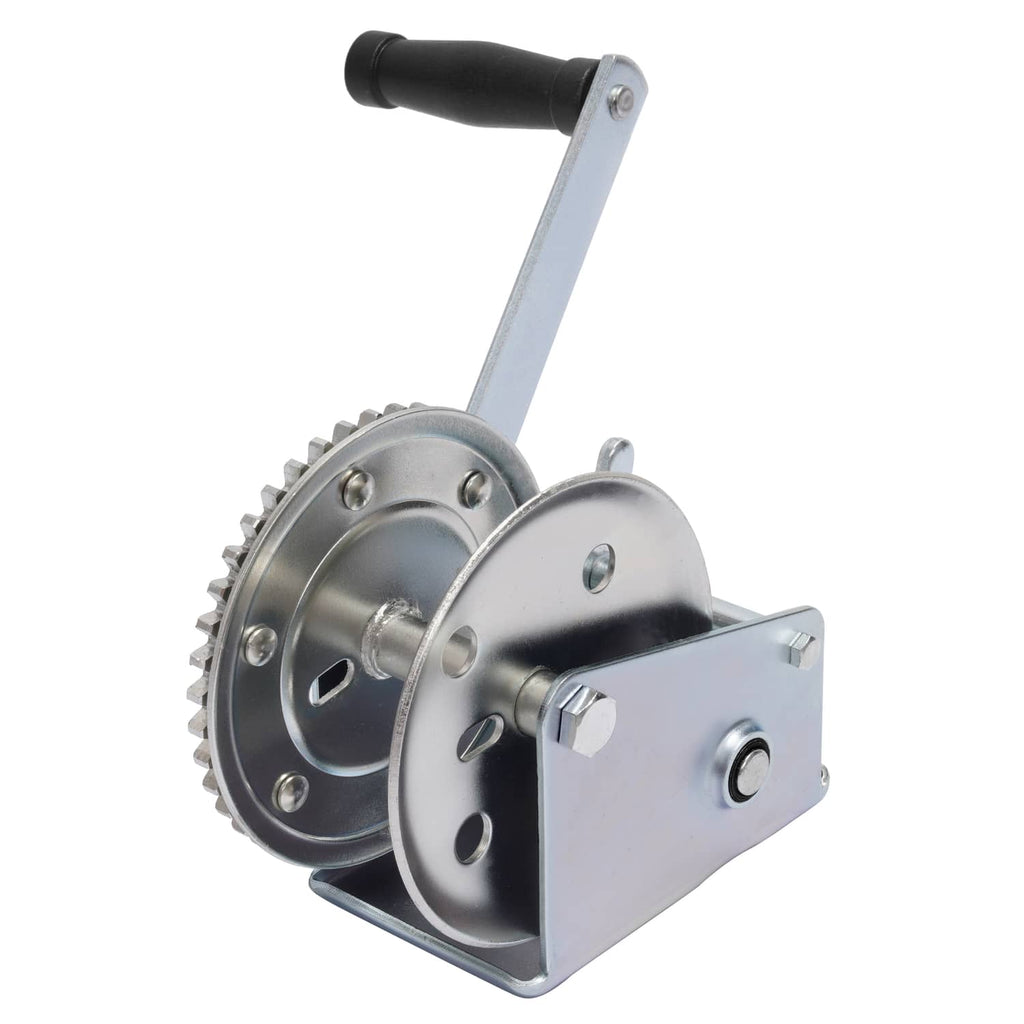 Galvanized steel horizontal winch with toothed drum, crank handle, and base plate