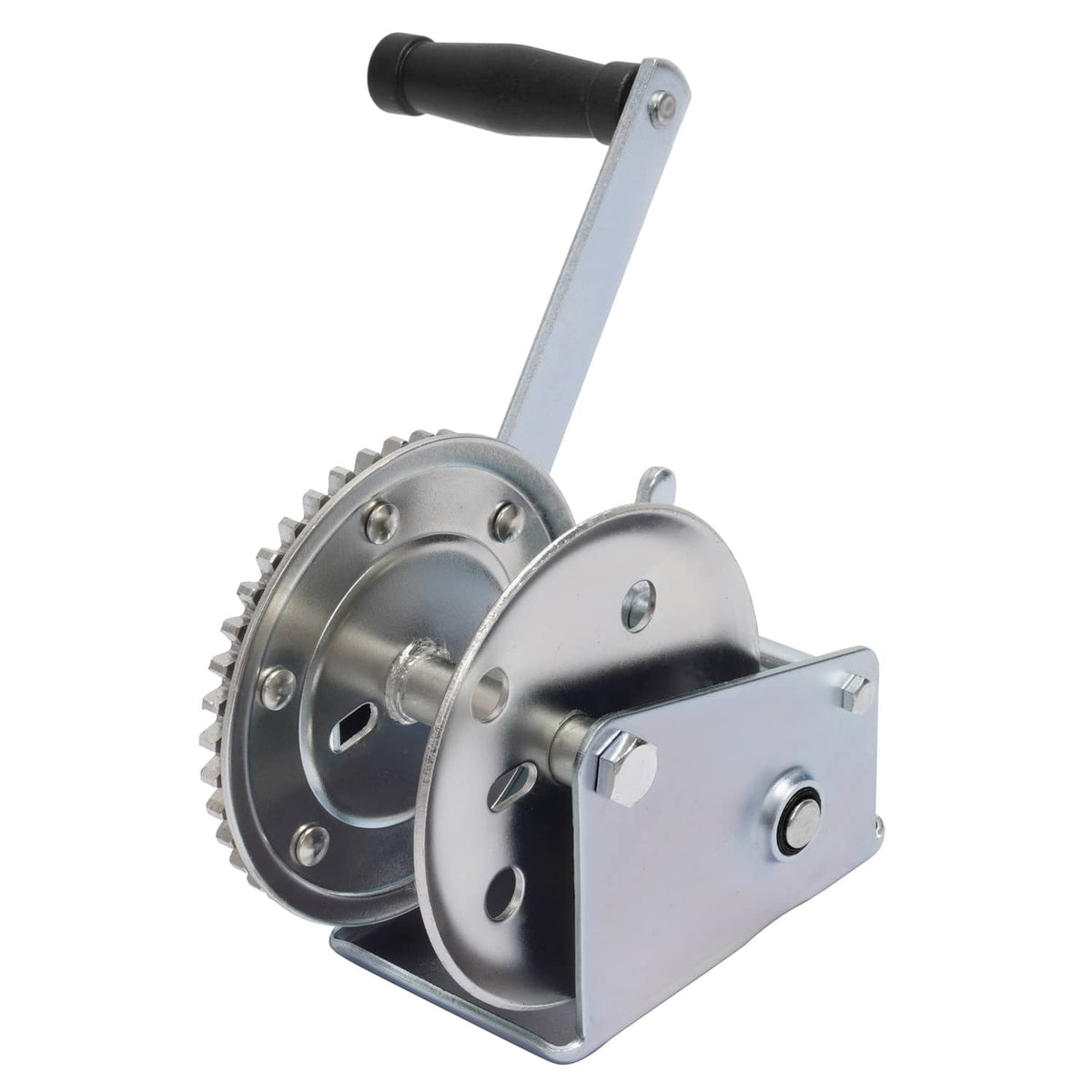 Galvanized steel horizontal winch with toothed drum, crank handle, and base plate