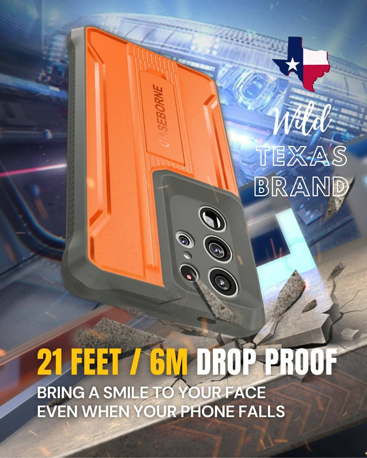 Orange protective phone case with camera openings and textured grip