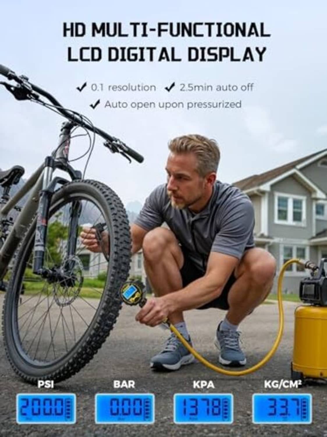 LED digital tire inflator gauge with backlit display and hose connector