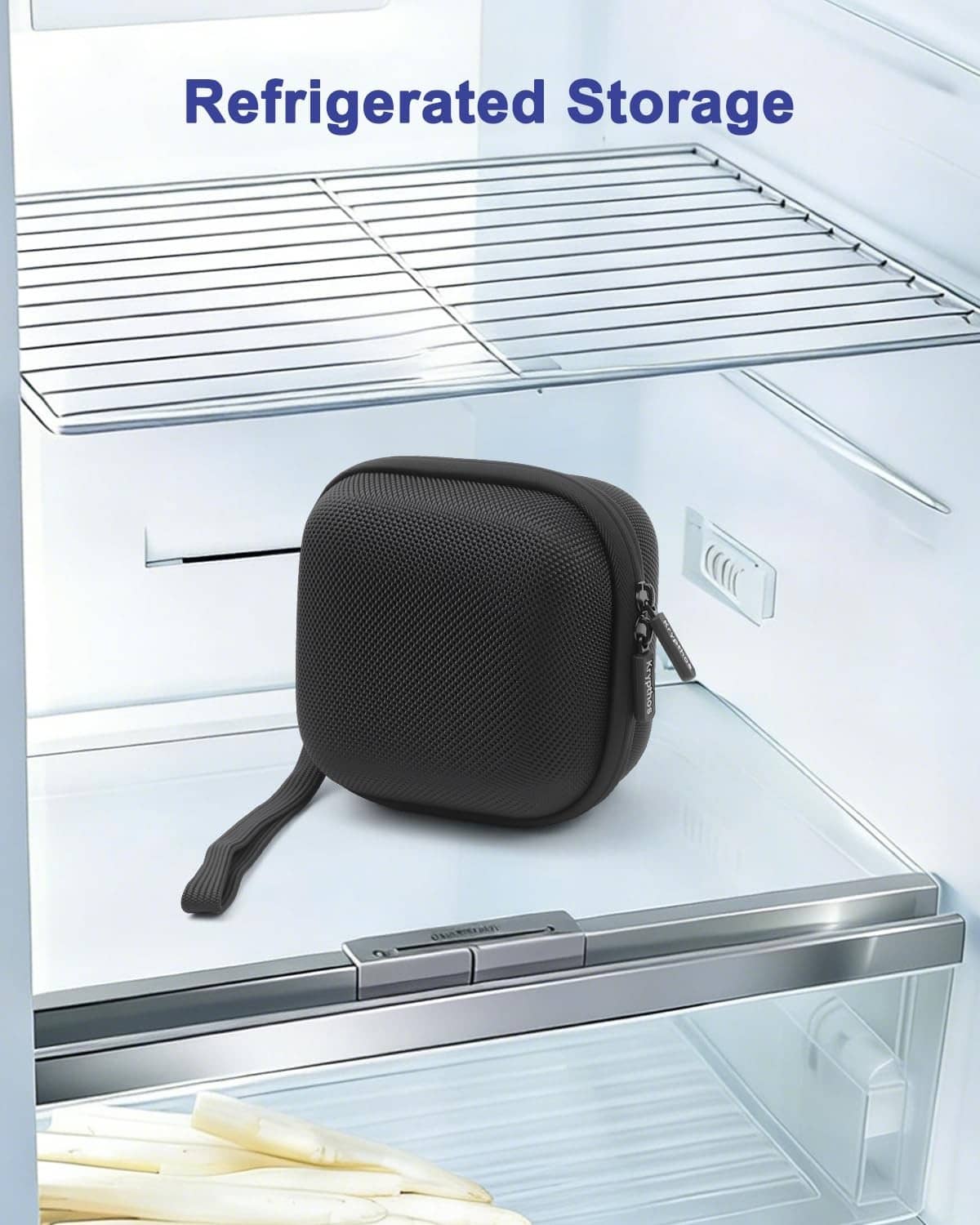 Black insulated insulin vial case placed in a refrigerator shelf with zipper closure