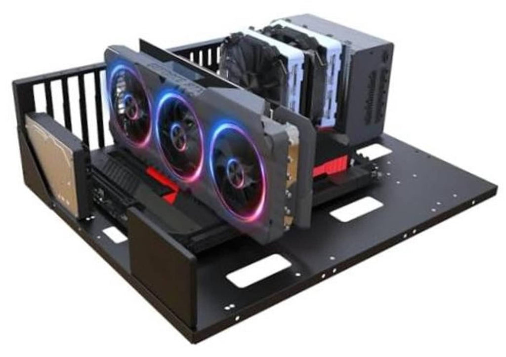 Open-frame computer chassis with black base plate and RGB fan graphics installed