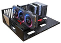 Open-frame computer chassis with black base plate and RGB fan graphics installed
