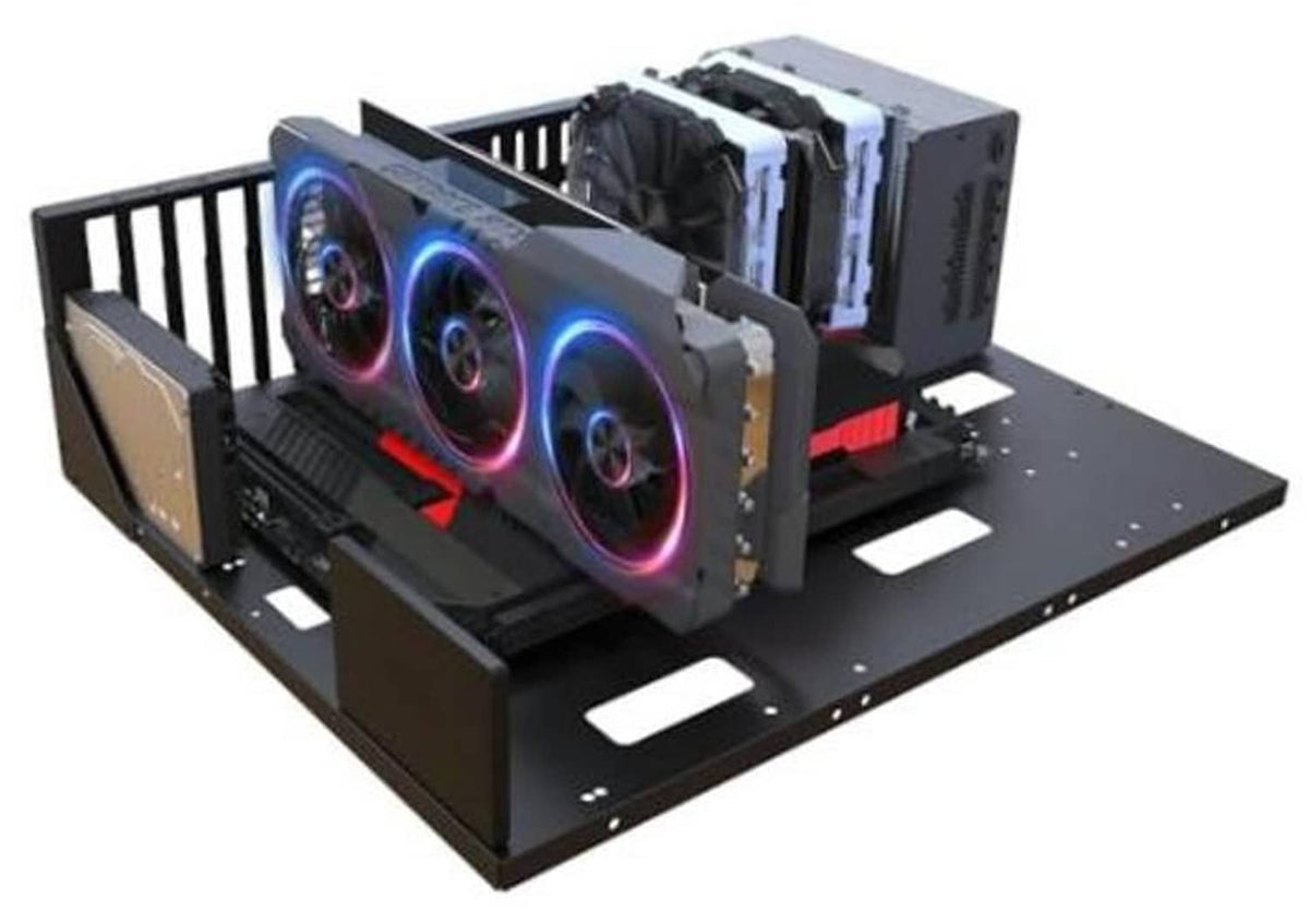 Open-frame computer chassis with black base plate and RGB fan graphics installed