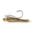 Bladed jig fishing lure with golden skirt, black stripes, and curved hook and blade