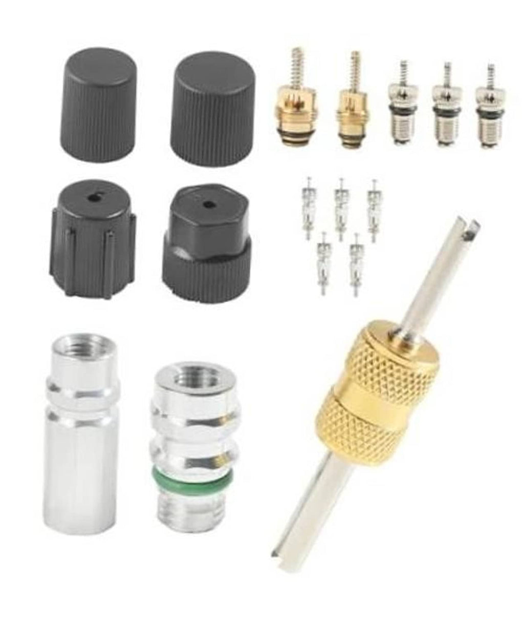 AC Schrader valve kit set with black caps, metal cores, and removal tool