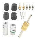 AC Schrader valve kit set with black caps, metal cores, and removal tool