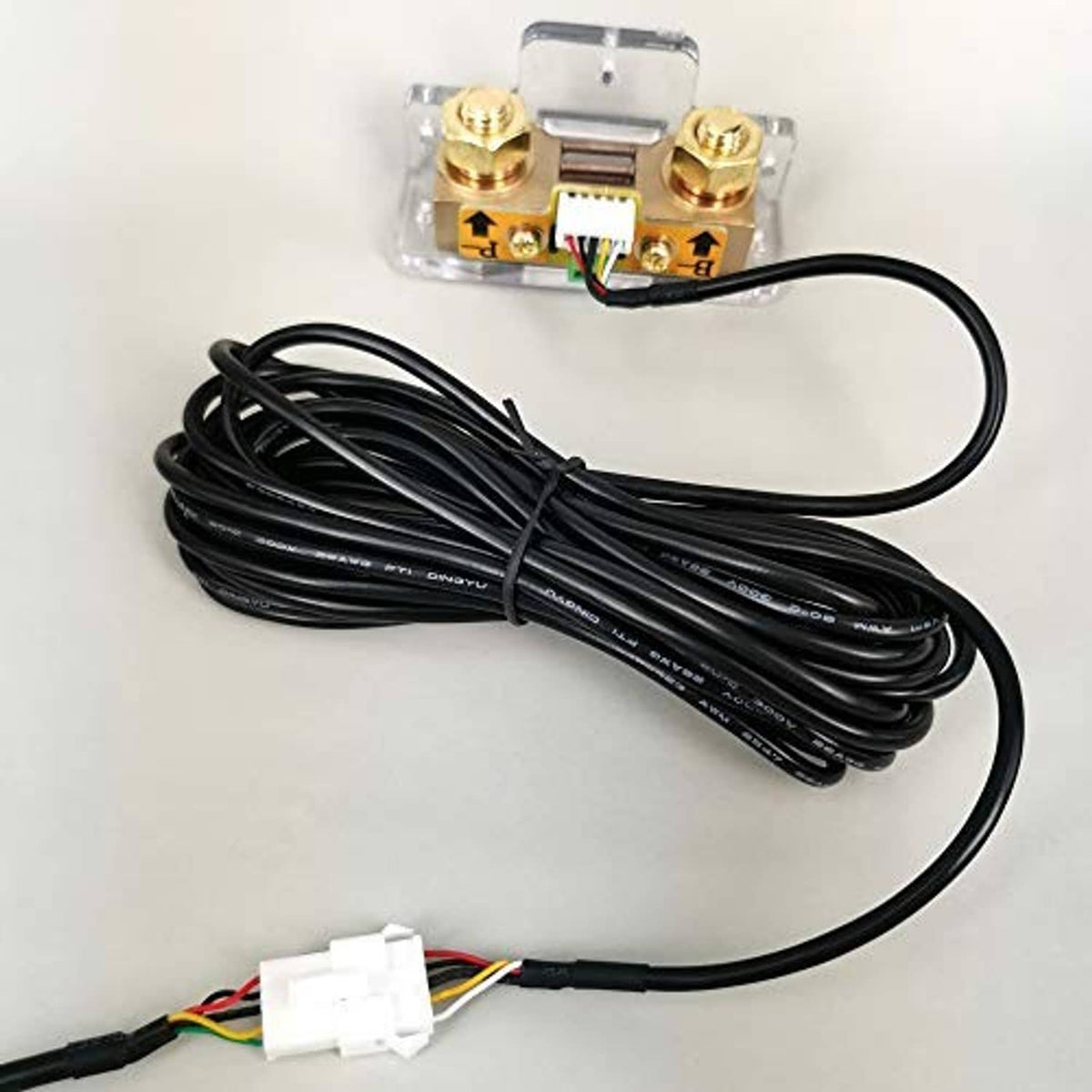Black 26 AWG battery monitor cable with brass terminal block and ring connectors