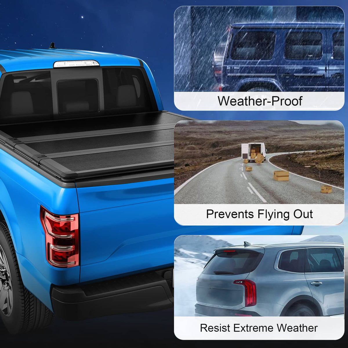 Hard tri-fold tonneau cover installed over the truck bed with dark paneling