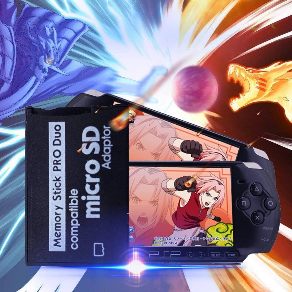 Memory Stick PRO Duo compatible microSD adapter package with a PSP handheld shown.