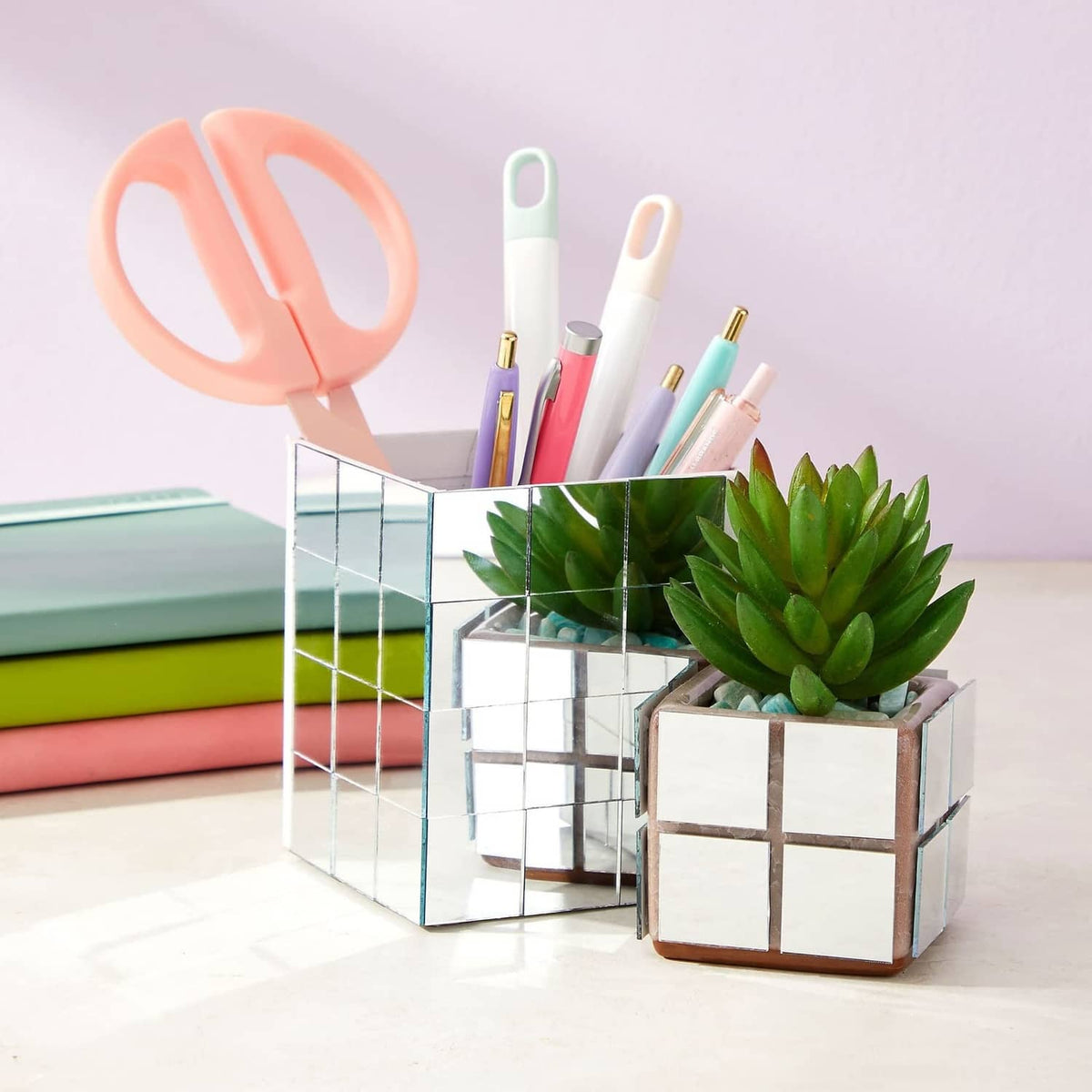 Square glass mirror tiles in cube organizer inserts for pens and craft supplies