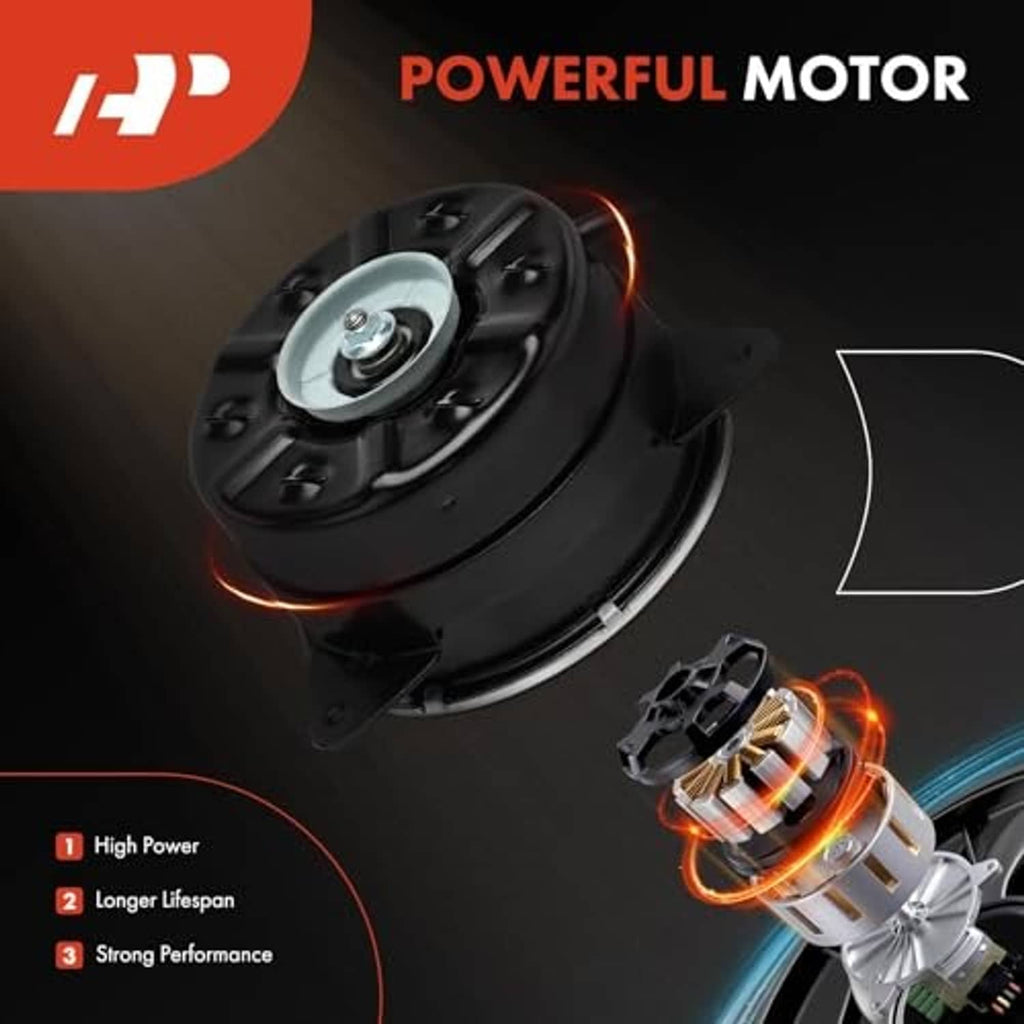 Black radiator fan motor with angled housing, mounting base, and wire harness