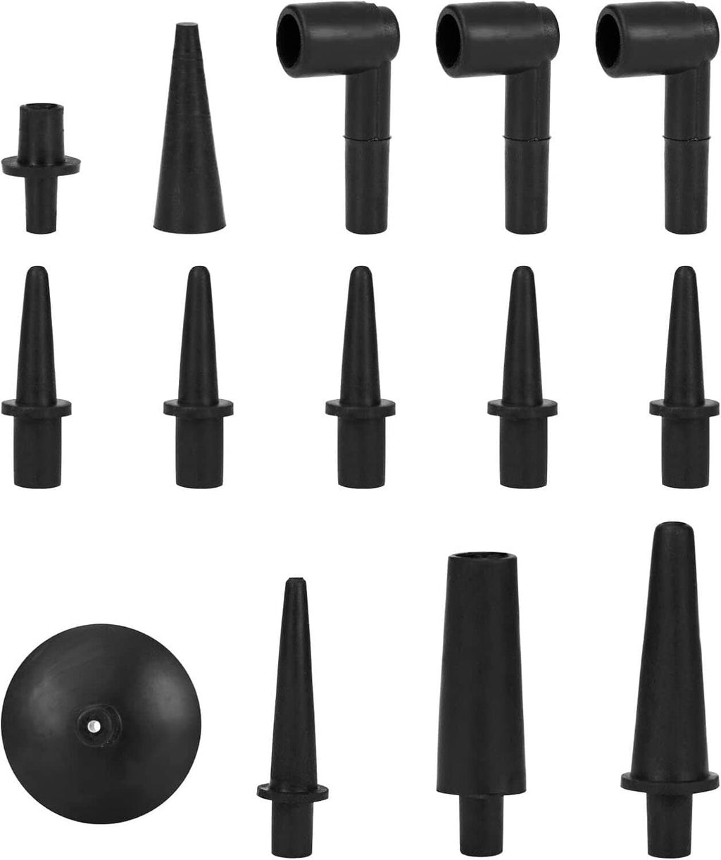Assorted black bleeder adapter nozzles and caps for vacuum brake bleeding
