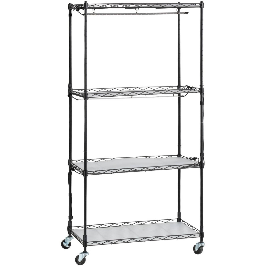 4-tier metal plant grow shelf with wired frame and caster wheels, black