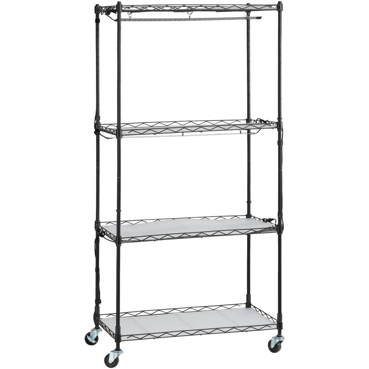 4-tier metal plant grow shelf with wired frame and caster wheels, black