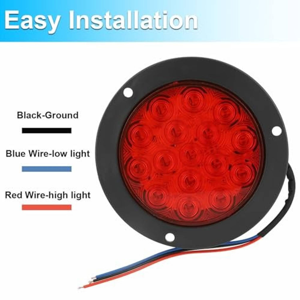 4-inch round red LED trailer tail light with black housing and red/blue wires