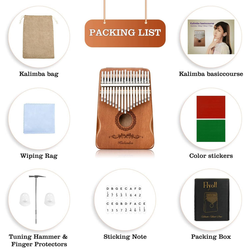Kalimba starter kit with brown 17-key piano, bag, wiping tag, and stickers