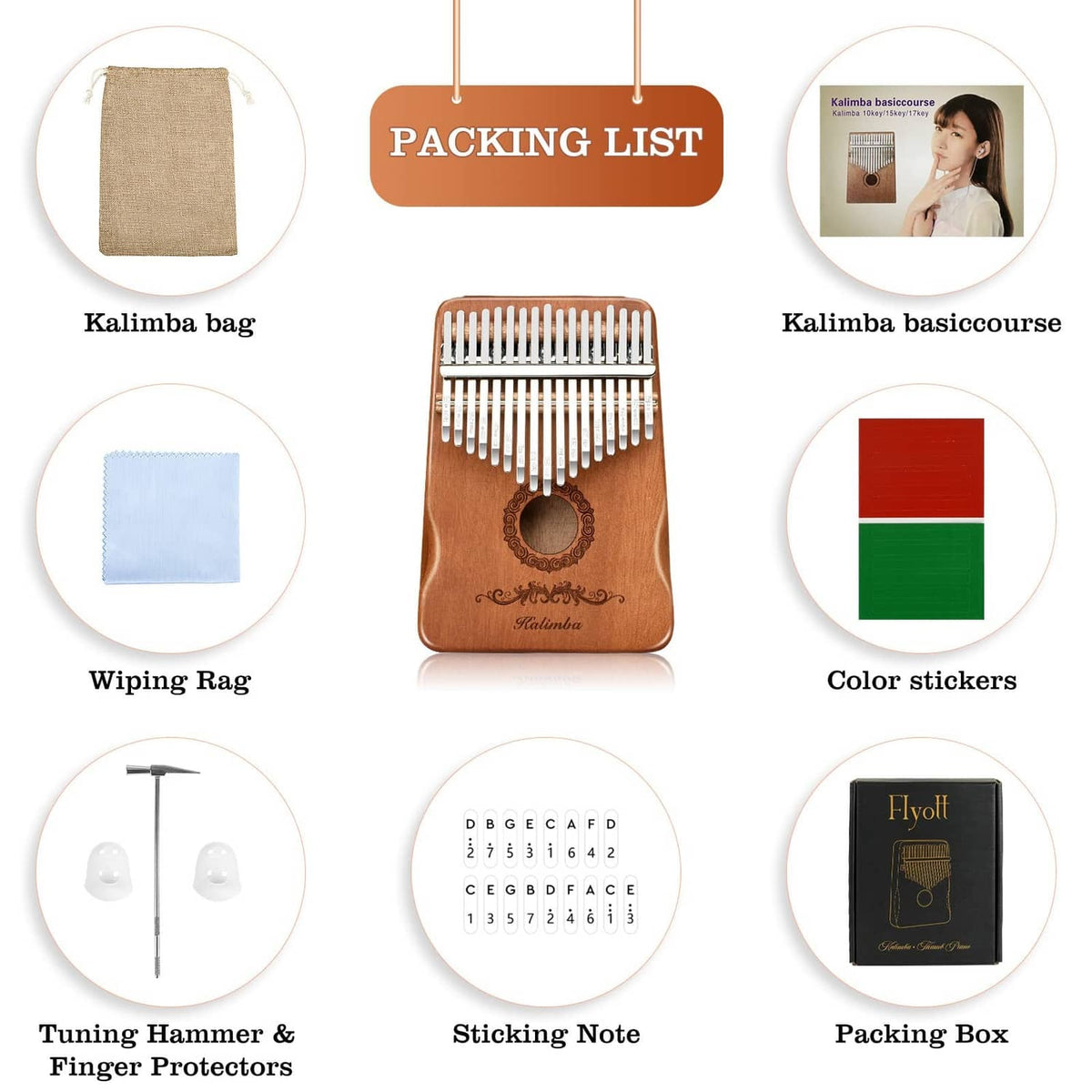Kalimba starter kit with brown 17-key piano, bag, wiping tag, and stickers