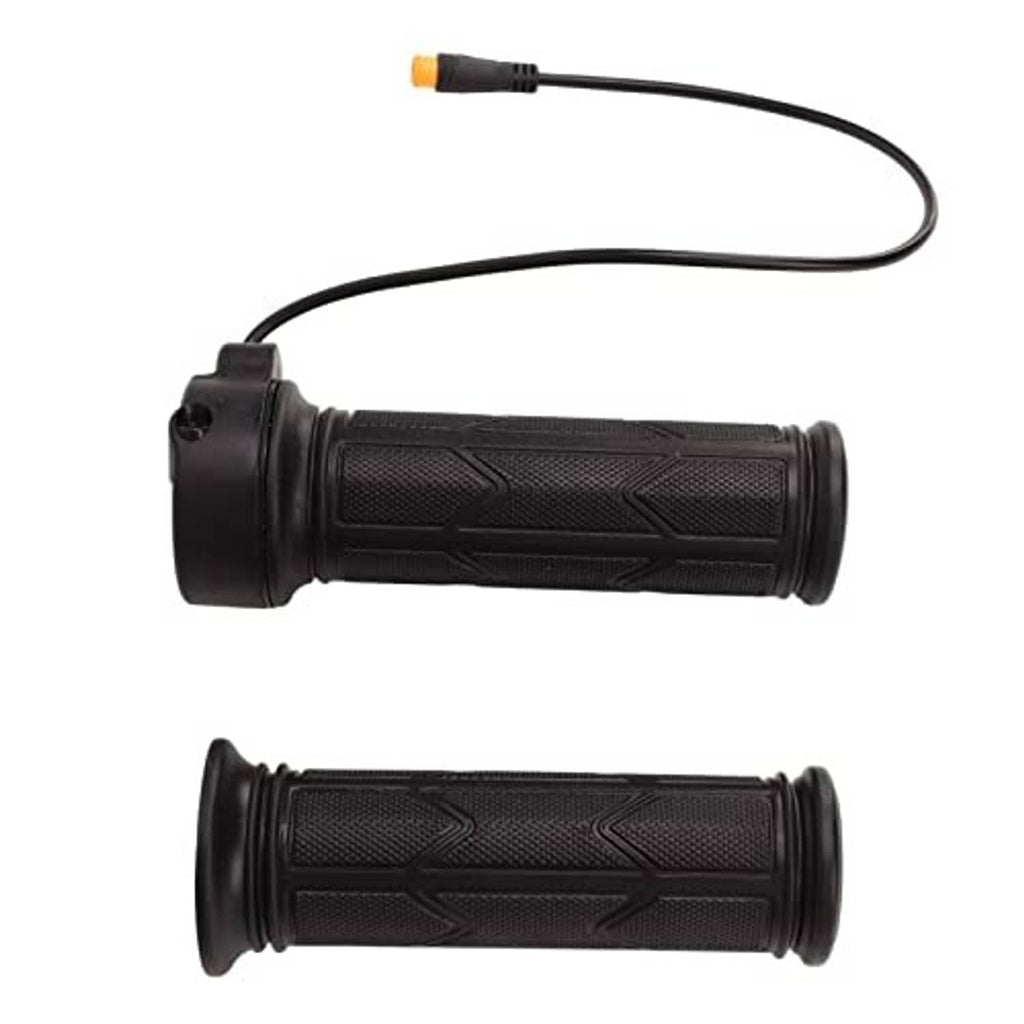 Black textured thumb throttle grips with cable and orange-tipped connector end.