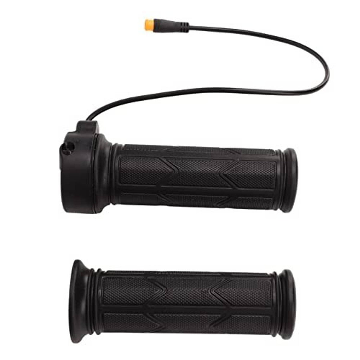 Black textured thumb throttle grips with cable and orange-tipped connector end.