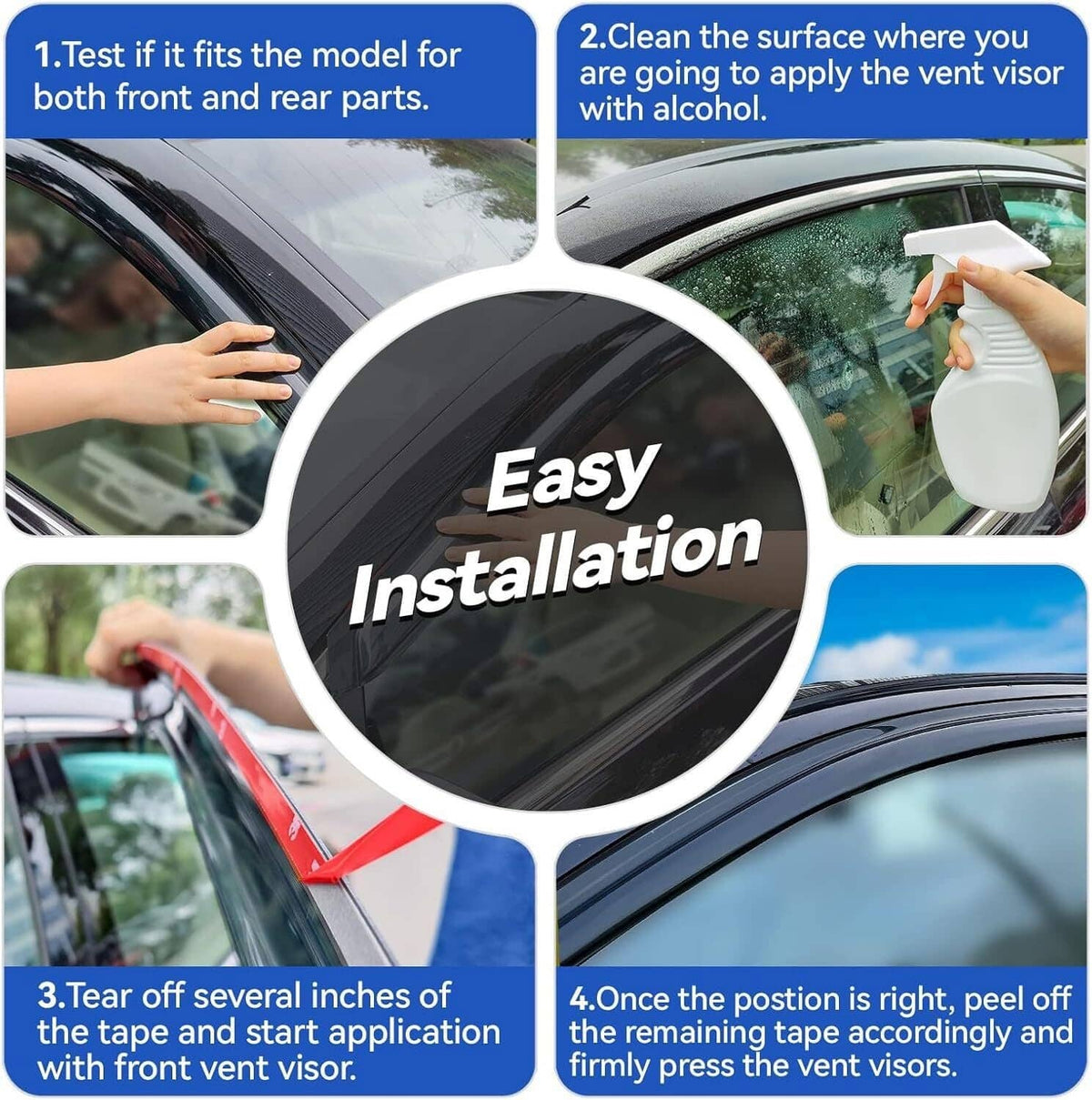 Easy installation steps for adhesive window vent visors on car side windows