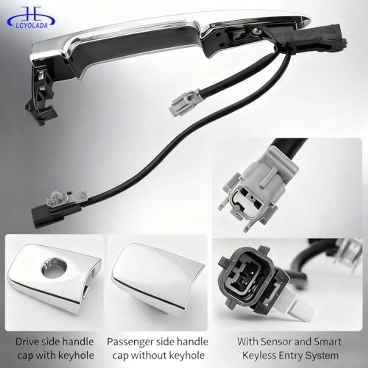 Chrome door handle with wiring harness and electrical connector near mounting bracket