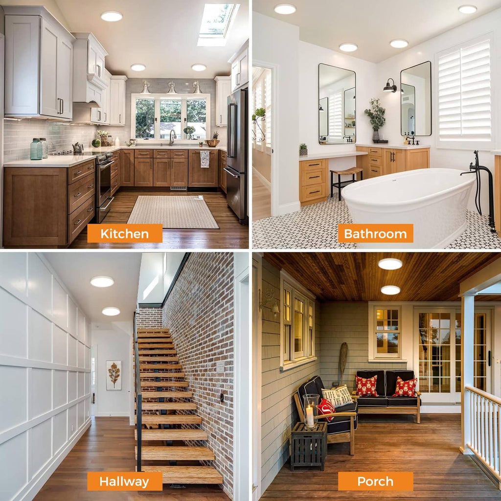White LED flush mount ceiling lights with slim round housings across multiple rooms
