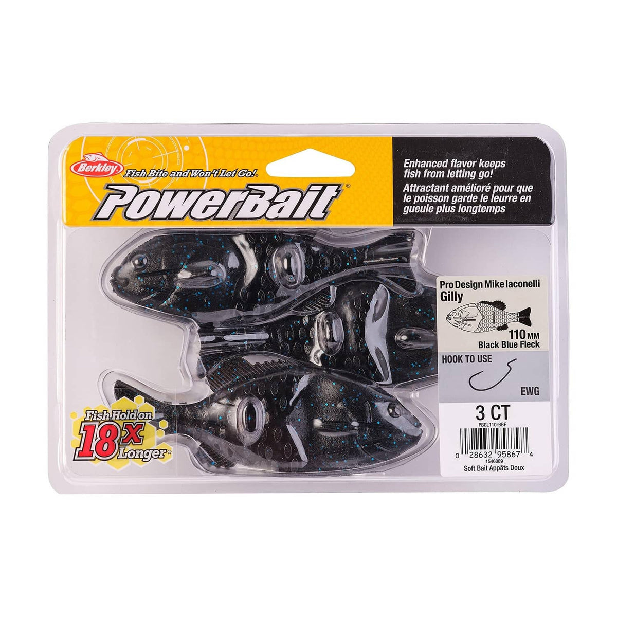 Powerbait Gilly 110 mm soft lure package, 3 ct in clear blister packaging.