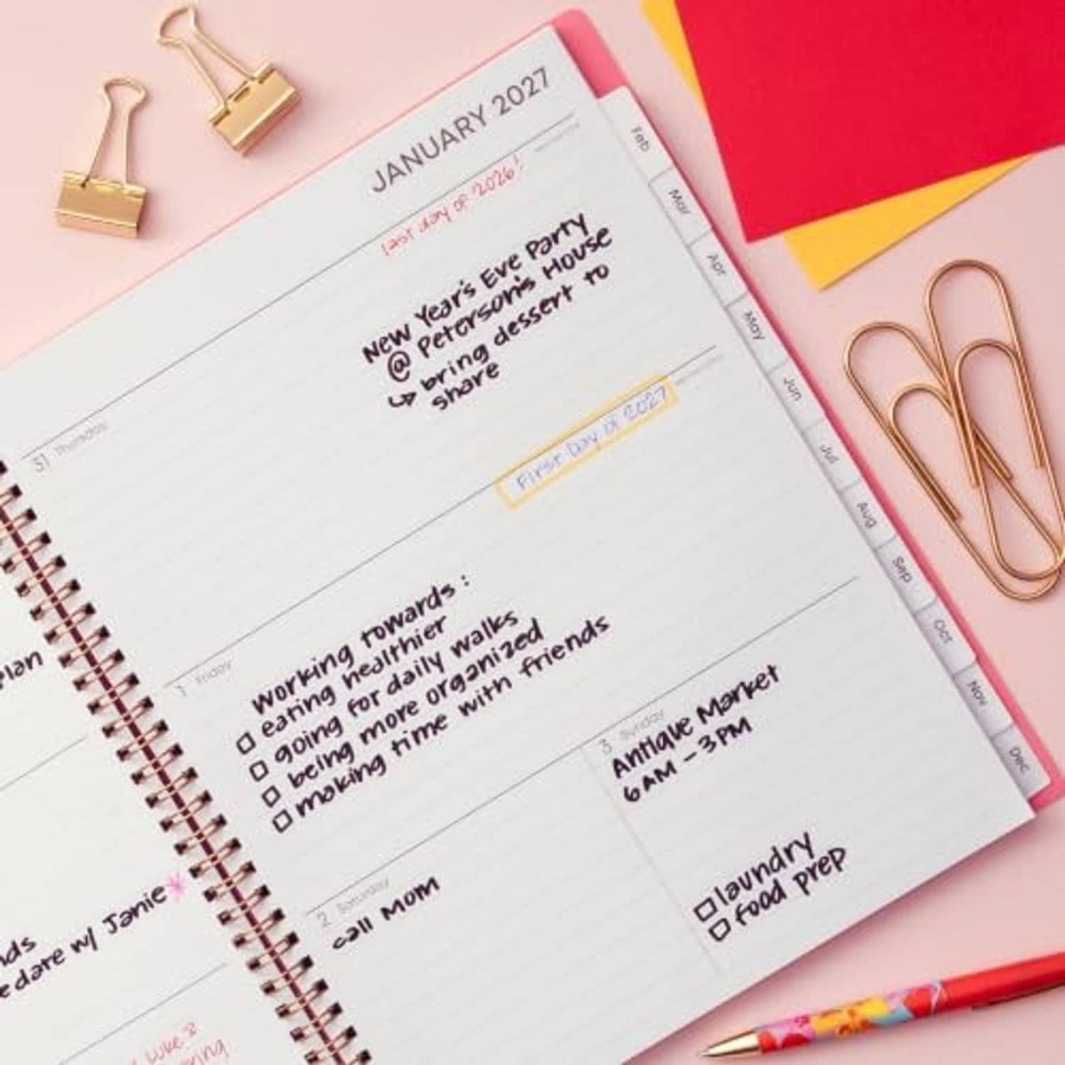 Open planner page for January 2027 with lined sections and event date boxes