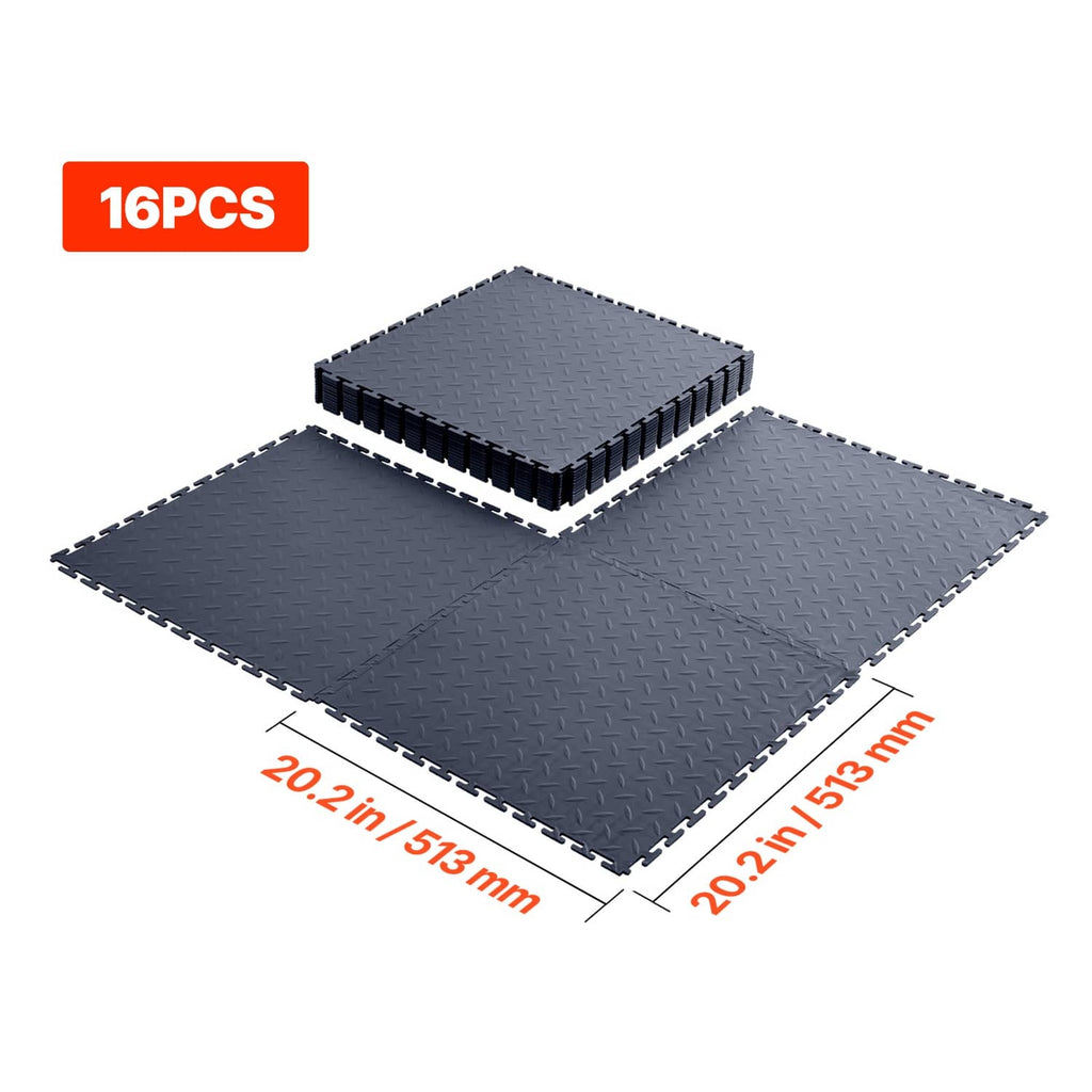 16-pack of gray PVC interlocking garage floor tiles with interlocking corner tabs