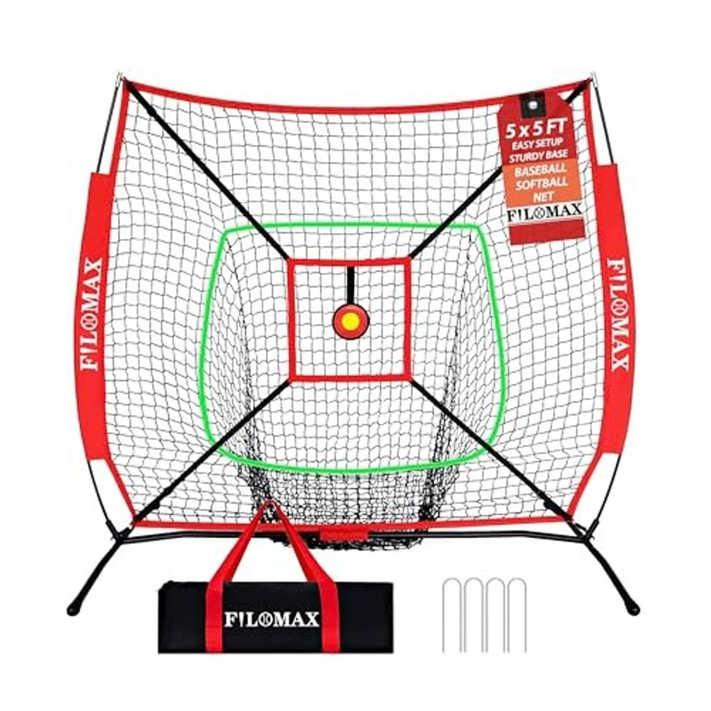 Youth baseball/softball practice net with red strike-zone target and green reinforced frame
