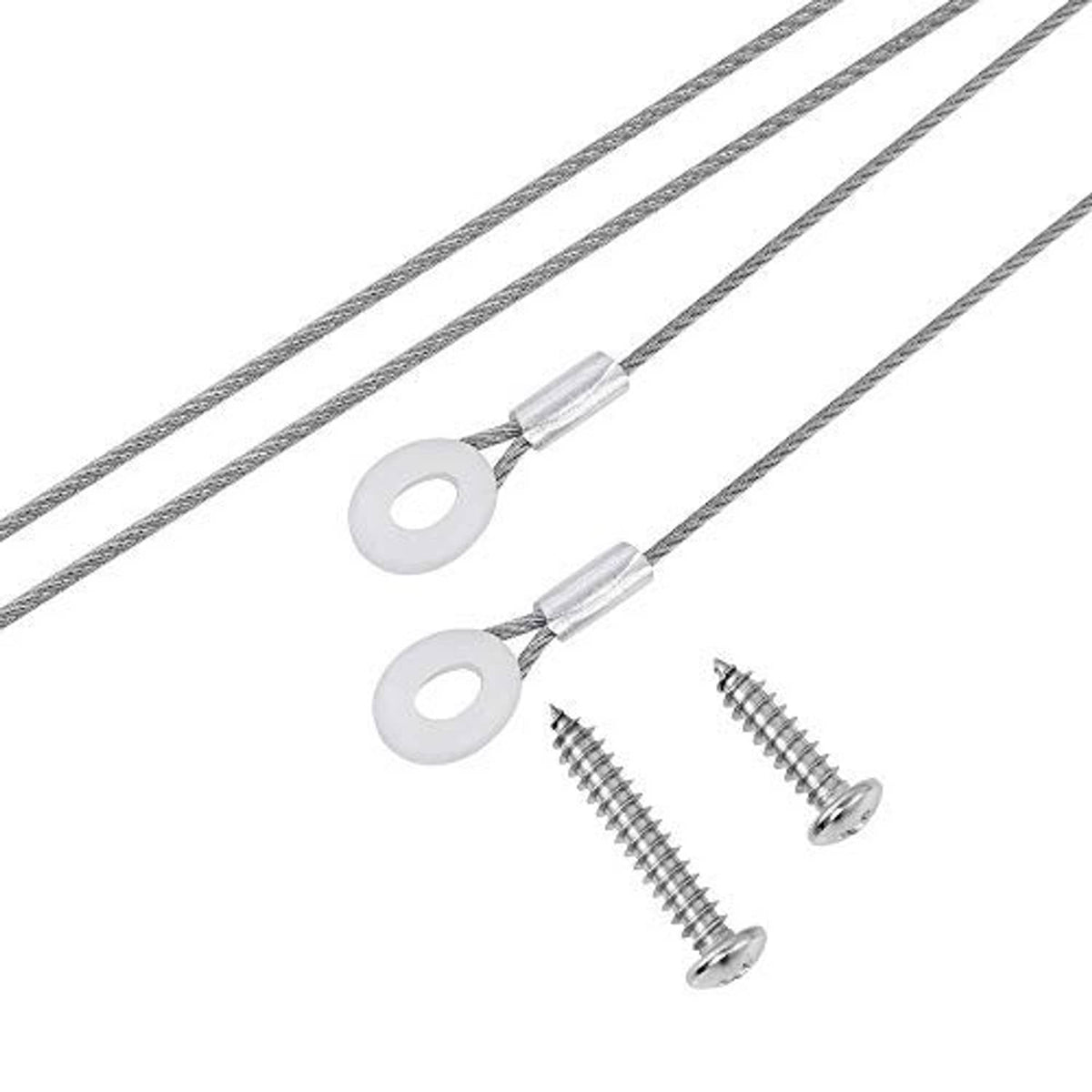 Two stainless strap cables with oval grommets and matching mounting screws
