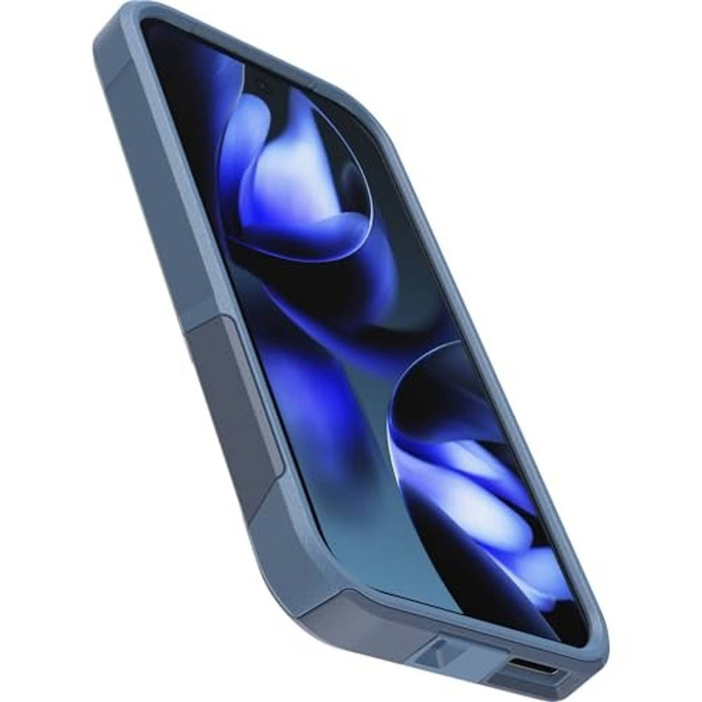 Blue slim phone case with raised bezel and side openings, phone screen visible