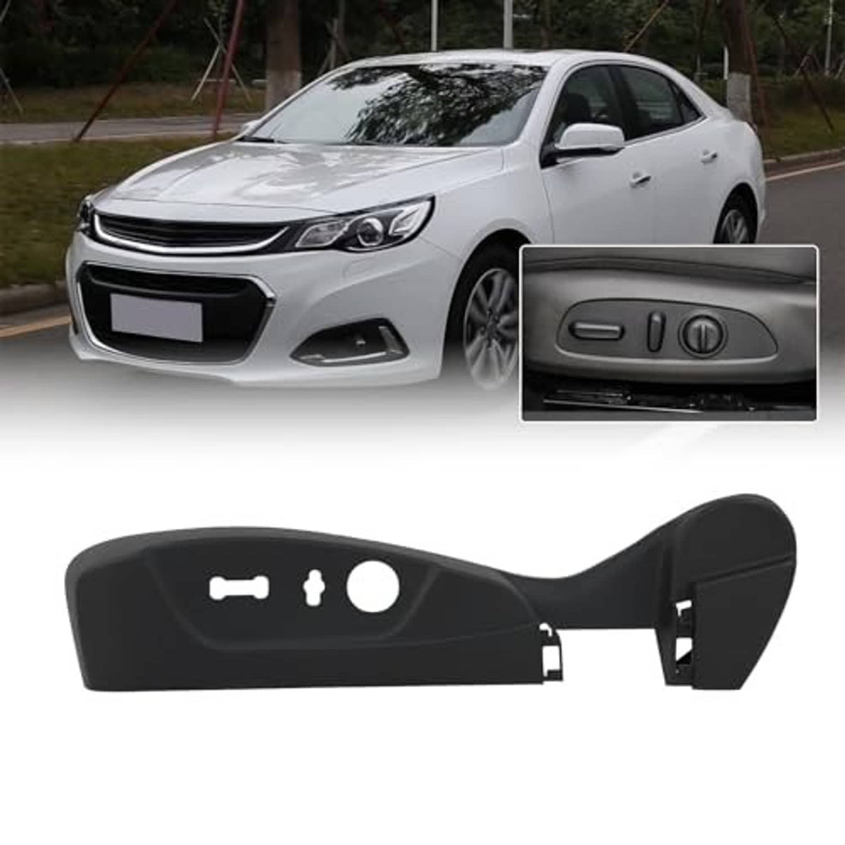 Black front driver seat trim cover panel with switch and knob openings