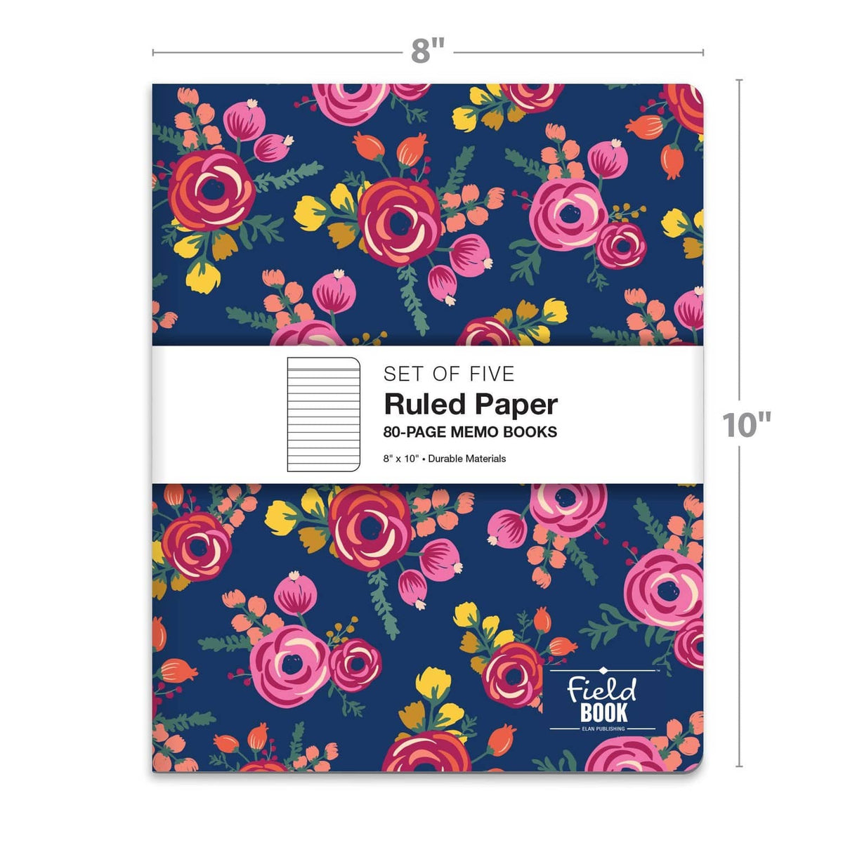 8x10 set of five ruled memo books, floral navy cover, front and back view