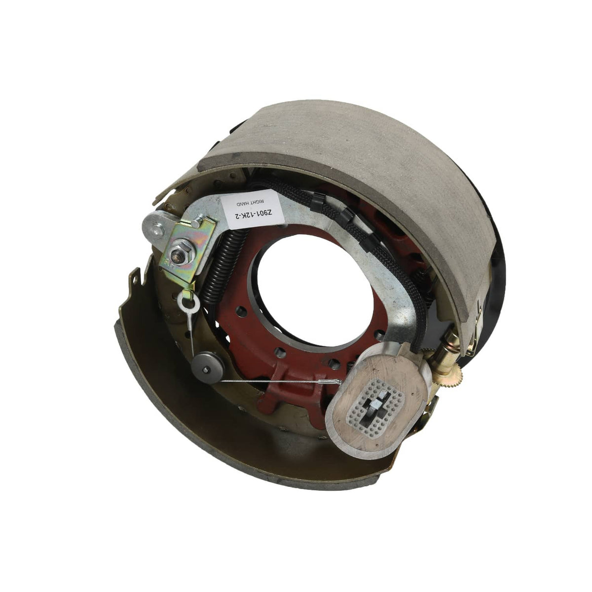 Electric trailer brake backing plate assembly shown from side with actuator plate
