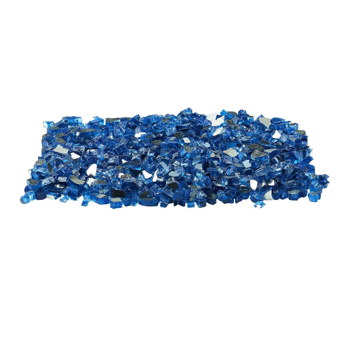 Pacific blue crushed glass fire pit rocks, sparkling small pieces pile.