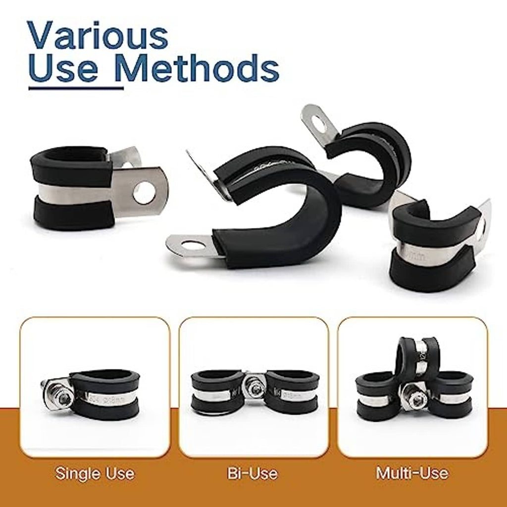 Multiple stainless steel cable clamps with black rubber lining and mounting holes