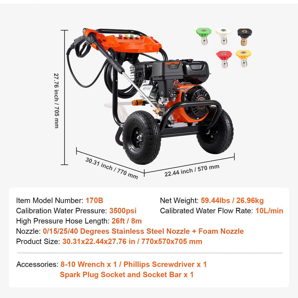 Gas pressure washer with included accessory tools: wrench, screwdriver, spark plug tool, socket set
