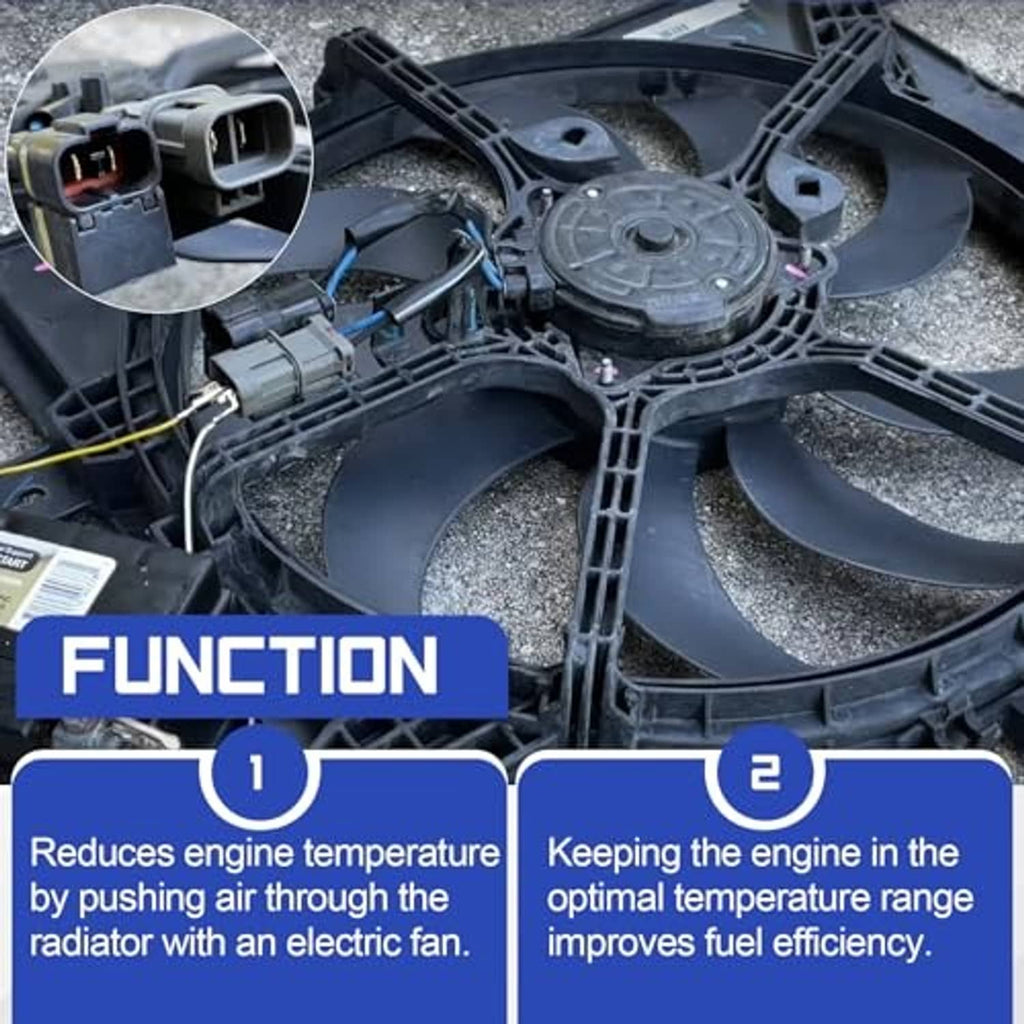 Radiator fan motor and fan shroud assembly in the engine compartment, close-up
