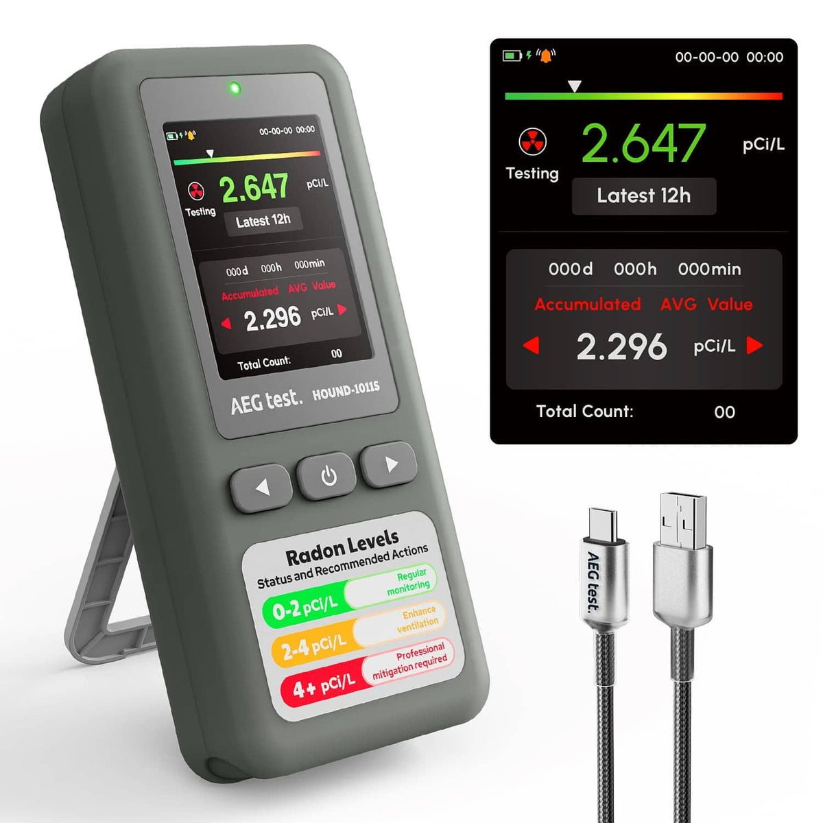 Grey radon detector with LCD showing 2.647 pCi/L and testing details