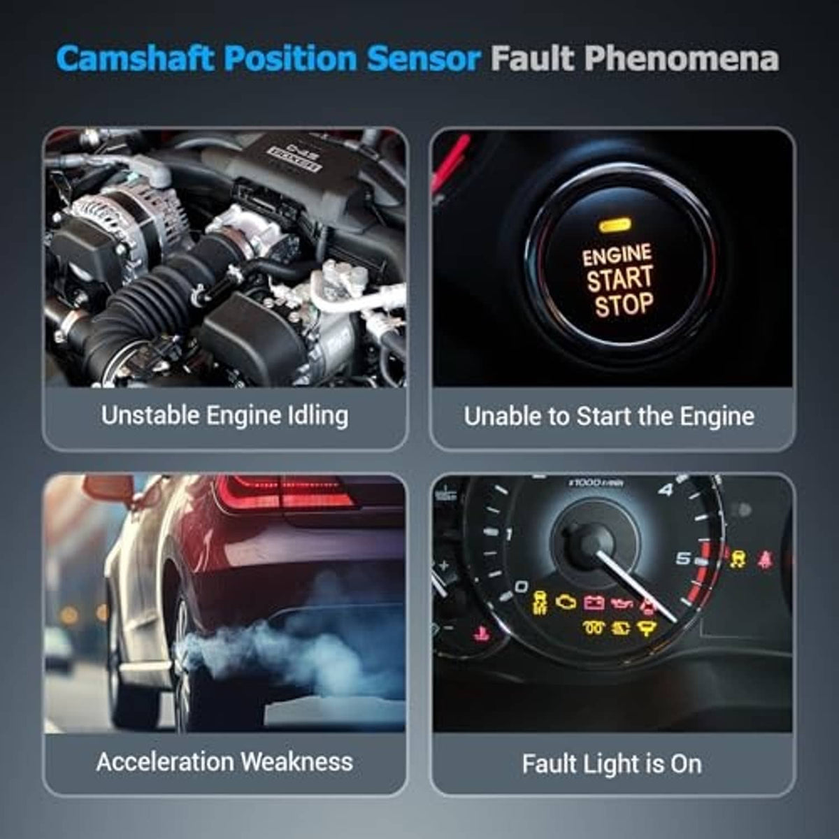 Camshaft position sensor fault infographic with engine warning and gauges