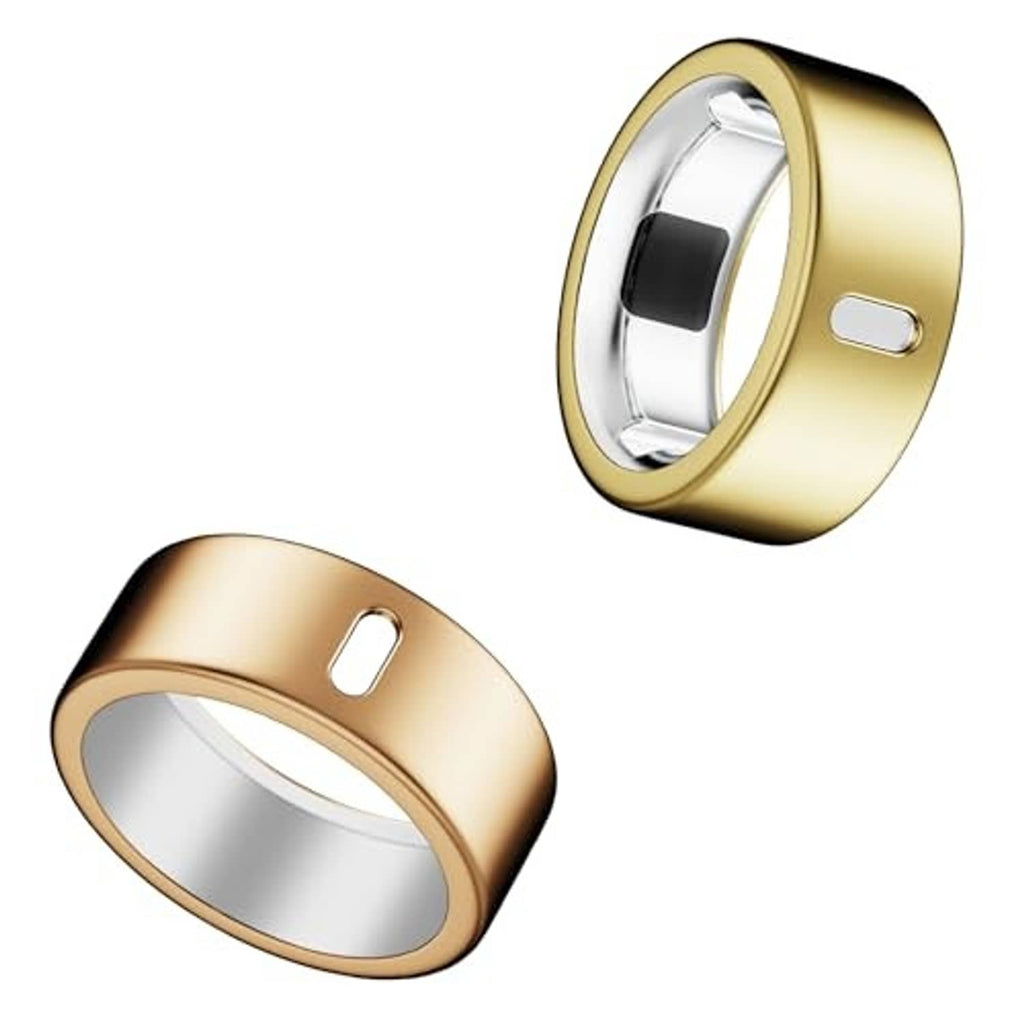 Rose-gold and gold ring cover with side charging cutout and glossy inner insert, for size 8.