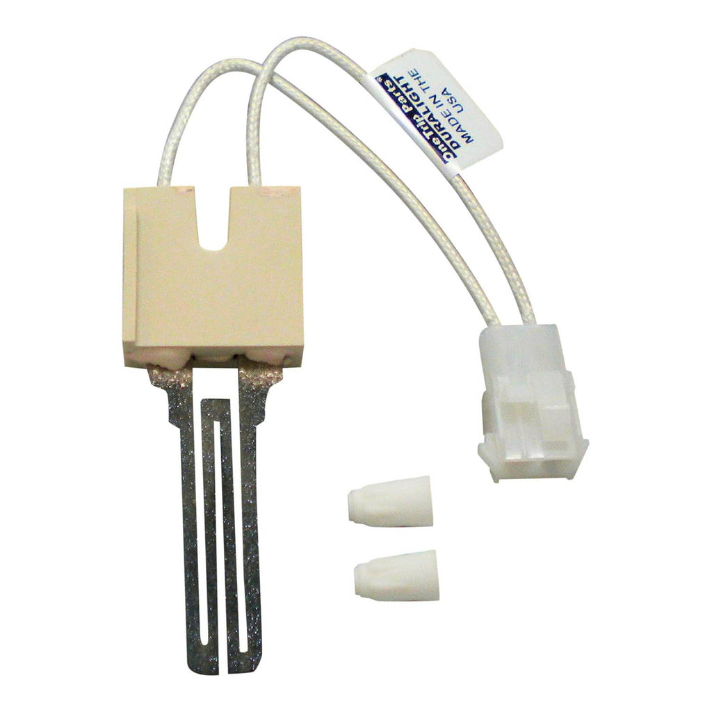 Furnace hot surface ignitor with beige housing, insulated wiring leads, and white plug